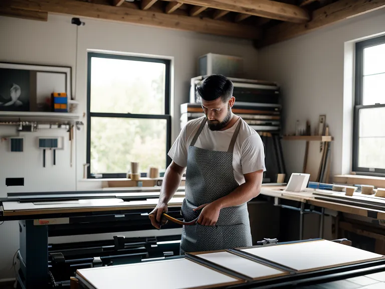 Organización de materiales de impresión y films DTF en estanterías de madera.