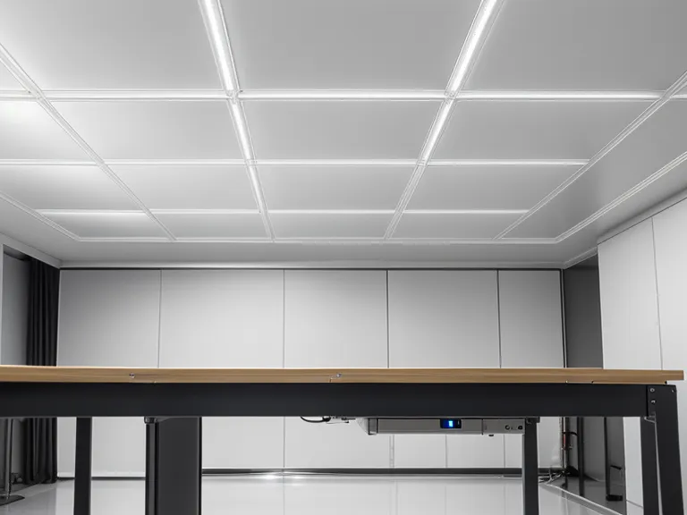 Panel LED de luz fría instalado en el techo de un taller pequeño