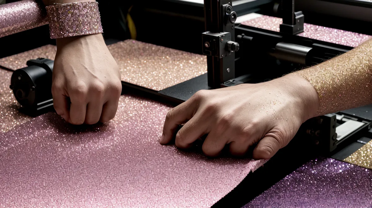 Film DTF glitter brillante aplicado sobre camiseta negra en un taller de estampado textil