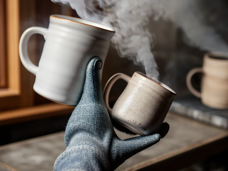 Guante térmico de aramida retirando una taza sublimada recién salida de la prensa de calor
