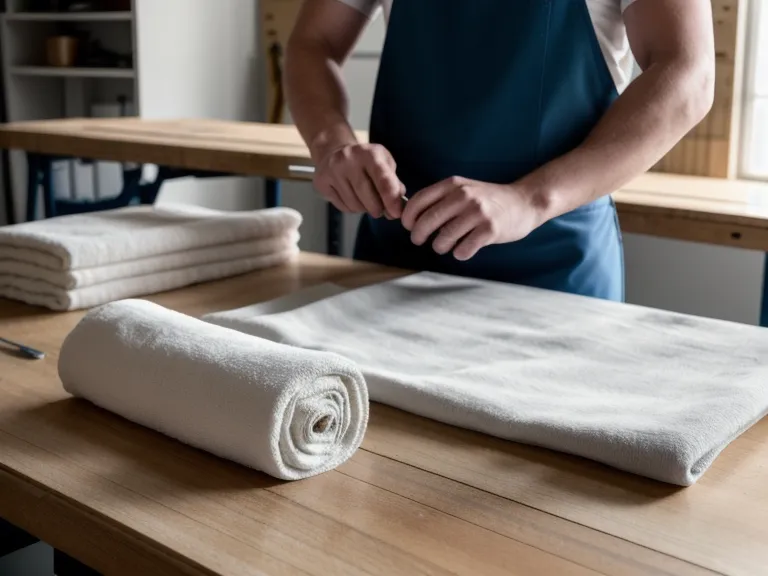 Detalle de tela de toalla con estampado desgastado sobre mesa de corte de taller